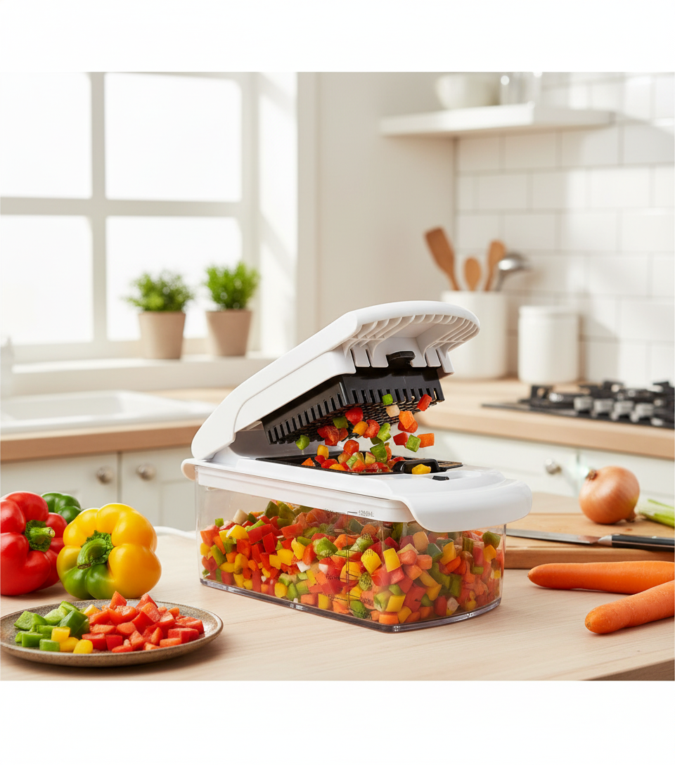 Vegetable chopper with chopped vegetables on a kitchen counter
